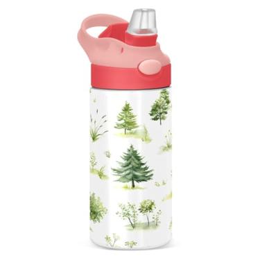 Imagem de YETTASBIN Garrafa de água de árvore de Natal para crianças, 340 g, à prova de vazamento, parede dupla, isolada, copo de viagem com tampa de canudo para meninas, meninos e crianças