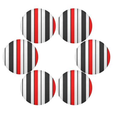 Imagem de Wassud Jogo americano conjunto de 6 tapetes de mesa redondos com listras pretas e vermelhas para cozinha e jantar tapetes laváveis resistentes ao calor decoração de mesa 39 cm