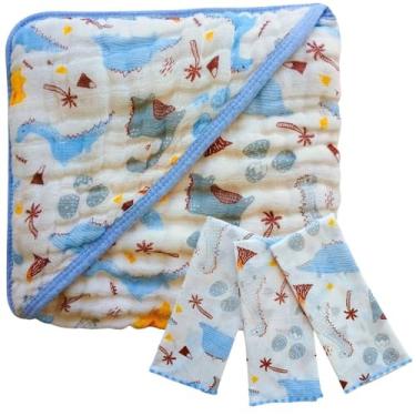 Imagem de Kit Bebê Completo Toalha de Banho Soft com Capuz + 3 Paninhos de Boca 100% Algodão (Dino Baby)