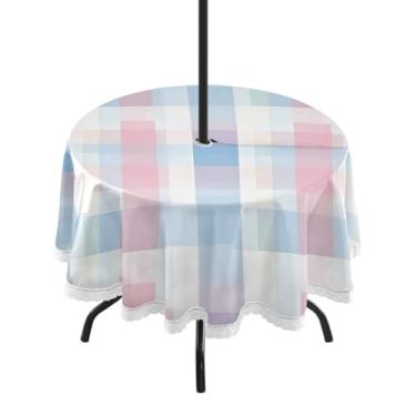 Imagem de CEBUGI Toalha de mesa redonda para uso externo, colorido, quadriculado, impermeável, com furo Umberlla, capa de mesa lavável para pátio, cozinha, sala de jantar, 152 cm