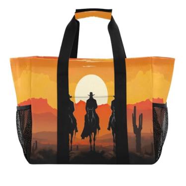 Imagem de Wassud Three Cowboys Sacolas de mercearia reutilizáveis grande bolsa organizadora de lona impermeável para praia, piquenique, lavanderia, viagem
