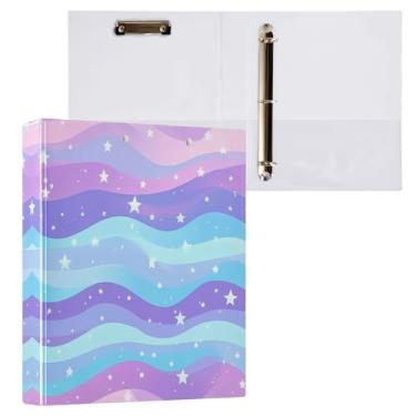 Imagem de STAYTOP Organizador de fichário redondo colorido ondulado e estrelas, fichário de 3 anéis com prancheta (carta A4), fichário fofo para material de escritório escolar