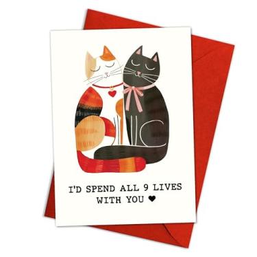 Imagem de Cartão de Dia dos Namorados para Casal de Gatos Fofos – "I'd Spend All 9 Lives With You" Cartão romântico de amor gatinho para esposa, marido, namorado, namorada, presente de aniversário ou dia dos