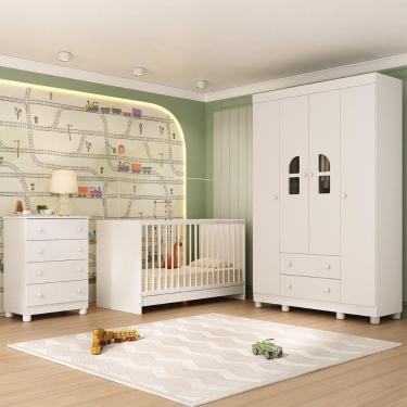 Imagem de Quarto De Bebê Completo Com Berço 3 Em 1 Para Colchão 130x60cm Nina Multimóveis MP4554 Branco