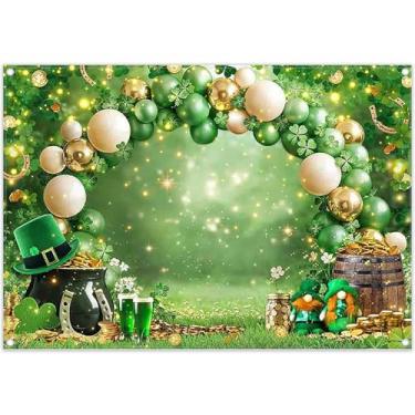 Imagem de ZTHMOE Tecido 2,1 x 1,5 m Dia de São Patrício cenário fotográfico gramado trevo irlandês da sorte moedas de ouro chapéu arco balões com glitter fundo festival decoração festa adereços foto
