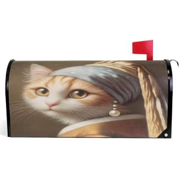 Imagem de Capas de caixa de correio de outono magnéticas sazonais outono caixa de correio envoltório vinil caixa de correio moderna decoração de jardim gato fofo com brinco de pérola tamanho padrão 52,6 x 45,8