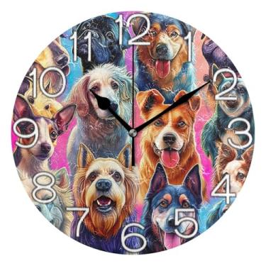 Imagem de GAIGEO Relógio de parede analógico de cachorro marrom colorido com desenho animado decorativo para quarto e cozinha, silencioso, decoração de parede moderna para sala de estar, 25 cm, ponteiros pretos