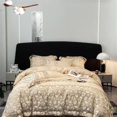 Imagem de Jogo de Cama de Algodão Bordado com Capa de Edredom, Lençóis e Fronhas, Têxteis para Casa, Dourado, Tamanho Casal (4 peças)