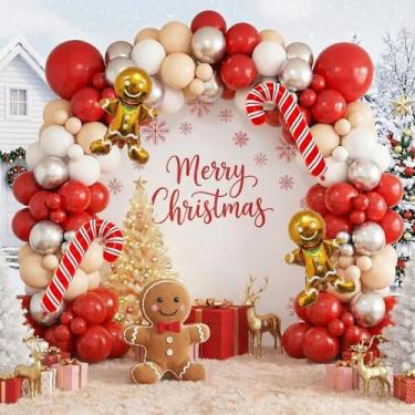 Imagem de BlissBash Kit de guirlanda de arco de balão de Natal de 140 peças com balões de bengala de gengibre de prata e nude vermelho para pano de fundo de festa de Natal, decorações de aniversário, chá de