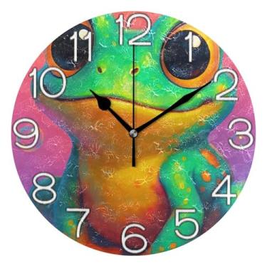 Imagem de Relógio de parede decorativo analógico redondo sem tique-taque silencioso relógio de cozinha de escritório, arte de parede boho, decoração de casa, fofo engraçado sapo verde, 25 cm, ponteiros pretos