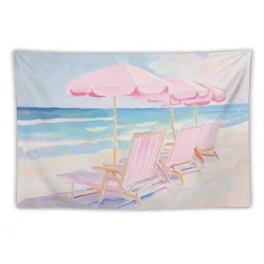 Imagem de Guarda-sóis de praia rosa cadeiras tapeçaria de parede costal decoração de verão pastel arte do oceano para sala de estar quarto pátio relaxante náutico pendurado acento encantador espaços praianos 60