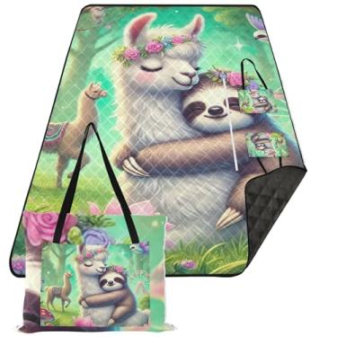 Imagem de TSENQUE Linda estampa de preguiça lhama floral impermeável cobertor de praia à prova de areia tapete para brincar ao ar livre tapete dobrável extra grande cobertor de piquenique 299,7 cm x 203,2 cm