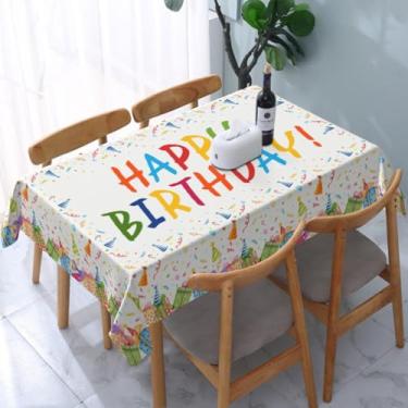 Imagem de Toalha de mesa retangular de aniversário, 152 x 203 cm, caixa de presente colorida, chapéu de fita com tema de feliz aniversário, toalha de mesa branca decorativa sazonal festiva rústica para