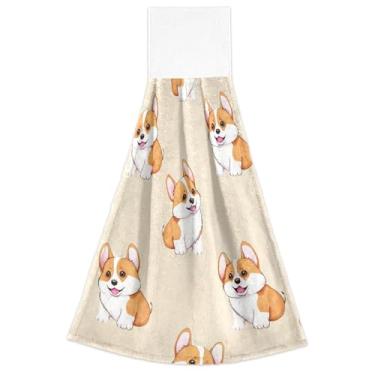 Imagem de Toalhas de cozinha penduradas no outono, lindas toalhas de dedo laranja Corgi filhotes de cachorro bege para forno, conjunto de 2, toalha ultra absorvente para cozinha, banheiro, 46 x 35 cm