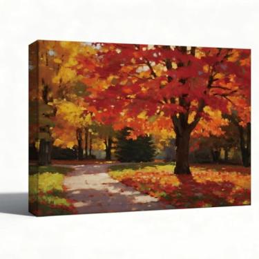 Imagem de Arte de parede do caminho da floresta, pintura a óleo de árvores de outono douradas sobre tela, imagem de paisagem de floresta pacífica, decoração rústica de casa rústica para corredor, sala de estar