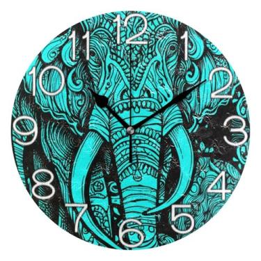 Imagem de GAIGEO Relógio de parede decorativo analógico escritório cozinha relógio operado por bateria silencioso, decoração de sala de estar arte moderna chique arte elefante azul, 25 cm, ponteiros pretos