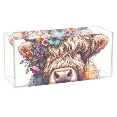 Imagem de TSENQUE Highland Cow Cute Bezerro Bonito Suporte de Caneta de Mesa Arte Animal Floral Escritório Caddy Copos de Acrílico Lápis Papelaria Armazenamento