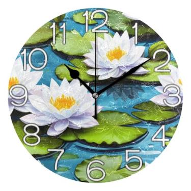 Imagem de GAIGEO Relógio de parede decorativo analógico escritório cozinha relógio estético silencioso sem tique-taque, decoração de parede de meados do século, flores de lótus brancas folhas verdes, 25 cm