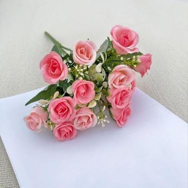 Imagem de Mini buquê de rosas artificiais - flores falsas realistas para decoração de sala de estar, pequeno arranjo floral portátil (rosa)
