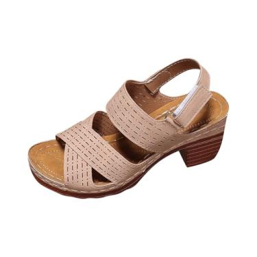 Imagem de Sandálias femininas casuais de salto plataforma com fivela de uma tira e boca de peixe múltiplas, Marrom, 36