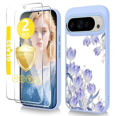 Imagem de Govmeie Capa para Google Pixel 9 Pro XL com protetor de tela de vidro temperado fino TPU e capa rígida de policarbonato para celular, design de padrão floral cristalino para meninas e mulheres
