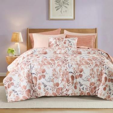 Imagem de Regency Heights Conjunto de edredom botânico leve Seersucker, solteiro, design reversível, cama em uma bolsa, conjunto de cama de microfibra premium, coral