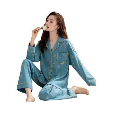Imagem de Pijamas De Algodão Para Mulheres Em Tamanho Grande, Conjunto De Camisa