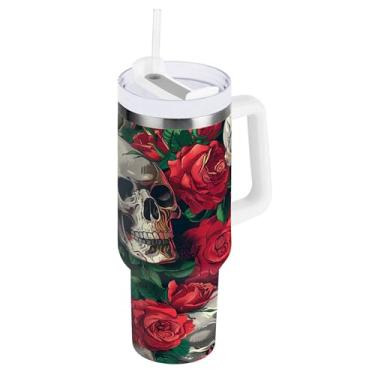 Imagem de SEHANY Copo de caveira e rosas de 850 g com alça, copo isolado de aço inoxidável a vácuo de parede dupla, caneca de café à prova de vazamento, copo isolado para viagem, cabe no suporte de copo de