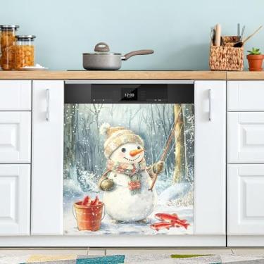 Imagem de xigua Linda capa magnética de boneco de neve de Natal, adesivos magnéticos decorativos antiarranhões para painel de geladeira e lava-louças, decoração personalizada de cozinha doméstica 58 x 66 cm