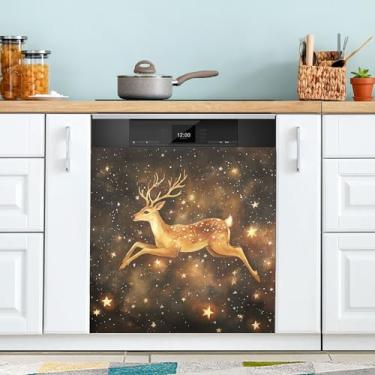 Imagem de xigua Merry Christmas Capa magnética de cervo para lava-louças, adesivos magnéticos decorativos antiarranhões para painel de geladeira e lava-louças, decoração personalizada de cozinha doméstica 58 x