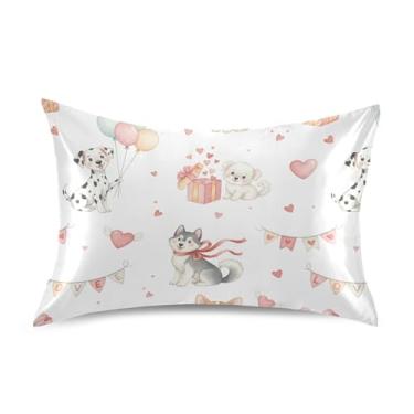Imagem de Wassud Cães balões corações dia dos namorados fronha de cetim para cabelo e pele fronhas de seda lisa tamanho padrão capas de travesseiro respiráveis com fecho de envelope