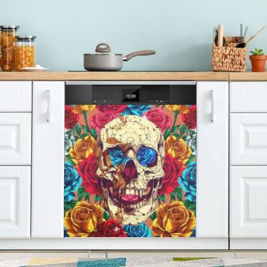 Imagem de xigua Capa magnética para lava-louças caveiras e rosas, adesivos magnéticos decorativos antiarranhões para painel de geladeira e lava-louças, decoração personalizada de cozinha doméstica 58 x 66 cm