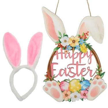 Imagem de Aynaxcol Guirlanda de porta de coelhinho da Páscoa para placa de parede de porta da frente, decorações de primavera de coelho de madeira, ovo de coelho floral, decoração de boas-vindas para decoração