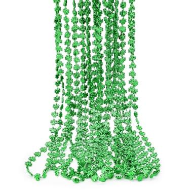 Imagem de 12 colares de contas de trevo verde de 84 cm a granel - Conjunto de colares de contas de plástico em forma de trevo para celebrações do dia de São Patrício, mantas de carnaval, acessórios de desfile e