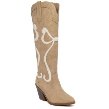 Imagem de Sugar Botas altas femininas – Botas de equitação de couro vegano até o joelho com entrada de zíper lateral, alças decorativas e salto bloco, Creme caramelo, 37
