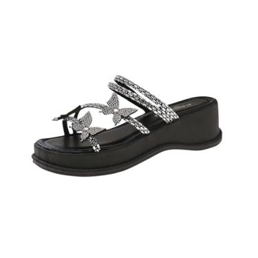 Imagem de Sandálias femininas casuais decorativas de strass com salto plataforma respirável para moda de verão, Preto, 35