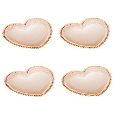 Imagem de Cj 4 Pratos para Sobremesa de Cristal C/Formato Coração Pearl Bolinha Âmbar 18x15cm Wolff