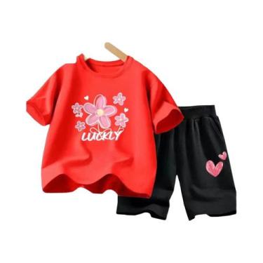 Imagem de Conjunto De Roupas De Verão Para Meninas Camiseta Com Flores E Shorts 