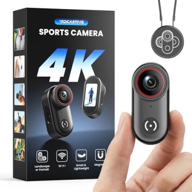 Imagem de VIDCASTIVE Câmera de ação POV vestível 4K com tela de 3,7 cm, bateria de 150 minutos, suporte magnético e clipe – Câmera esportiva tamanho polegar para trabalho, viagens, animais de estimação e mais