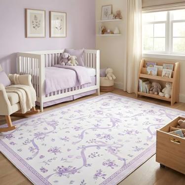 Imagem de GarveeHome Tapetes de laço roxo para quarto de meninas, 10 x 15 cm para sala de estar com pelo baixo macio, tapete floral lavável lavanda para berçário, crianças, sala de jogos, dormitório, escritório