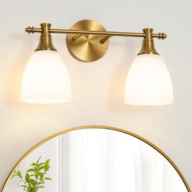 Imagem de Ditoon Luminárias de banheiro vintage, 2 luzes de latão escovado sobre espelho com sombra de vidro espesso branco, lâmpada de parede de banheiro dourada de 40,6 cm para espelho sala de estar quarto