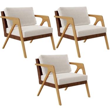 Imagem de Kit 03 Poltronas Pietra L02 Couríssimo Marrom Linho Cru