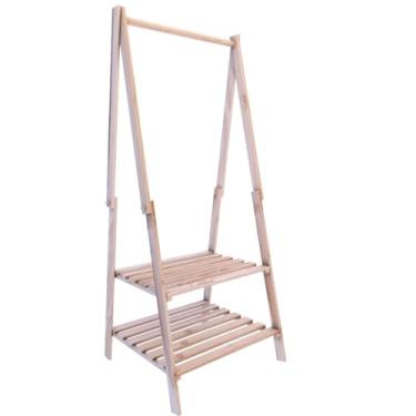 Imagem de Arara Dobrável Expositora De Roupa Estrutura em Madeira Pinus Vertical com 2 Prateleiras Ripadas(KIT 2 ARARAS)
