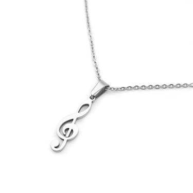 Imagem de colar banhado masculino feminino aço prateado prata clave de sol nota 