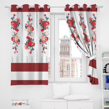 Imagem de Cortina 2 Metros Para Quarto Estampada Liz Vermelho/branco 2,00m X 1,50m Para Varão Simples