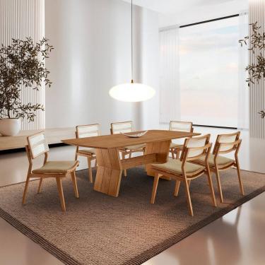 Imagem de Conjunto de Mesa de Jantar Raiz Tampo 180cm Barril Laminado e 6 Cadeiras Eloá Premium Âmbar / Imbuia Natural / Cinamomo Imbuia