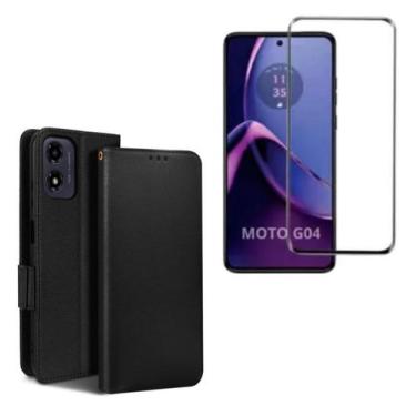 Imagem de Capa Capinha Carteira Preta + Película de Vidro 3D Para Motorola G04 -