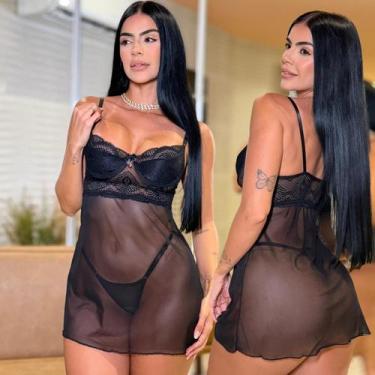 Imagem de Camisola Sensual De Tule Transparencia Luxo Sexys Lingerie Feminina Mo