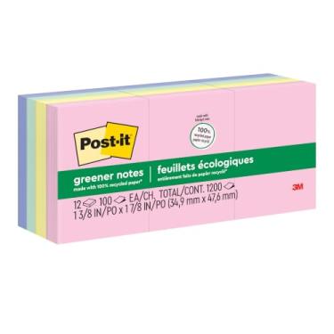 Imagem de Post-it Greener Notes, 13/20.3 cm*17/20.3 cm, 12 blocos, notas adesivas favoritas dos EUA, granulados doces, cores pastel (rosa, azul, menta, amarelo), remoção limpa, material 100% reciclado (653-RP-A