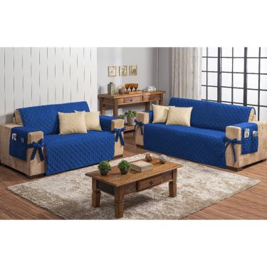 Imagem de Kit jogo de sofá 2 e 3 lugares matelado com 4 almofadas azul e bege